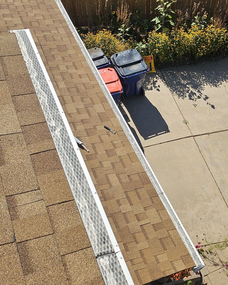 Gutter guards installed along a roof edge