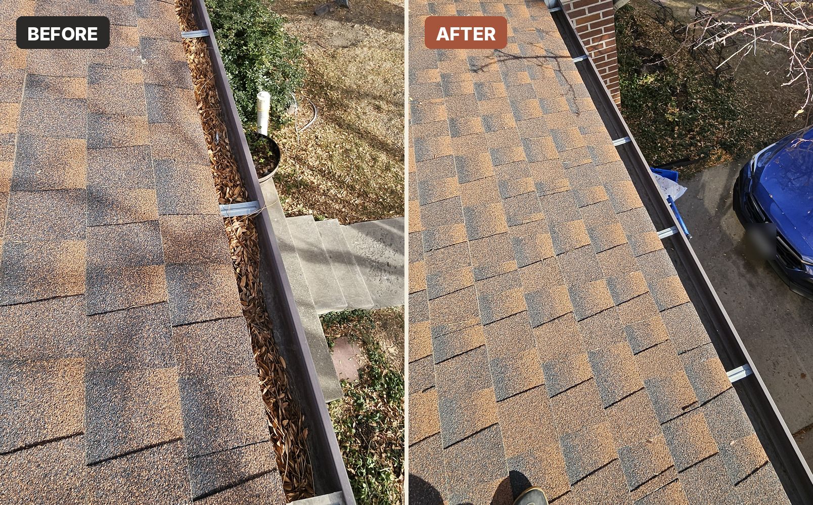 Before and after gutter cleaning: a gutter full of pine needles, then the same home with clean gutters